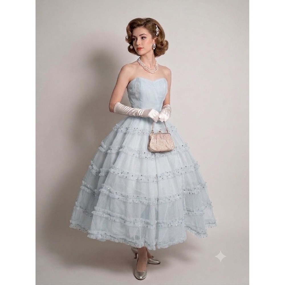 Vintage 1950s Pastel Baby Blue Tulle Ruffle Sequin Strapless Prom Party Dress